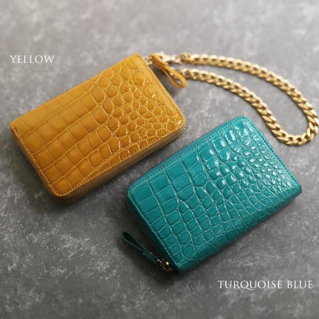 クロコダイル 折財布 ラウンドファスナー オレンジ ライム