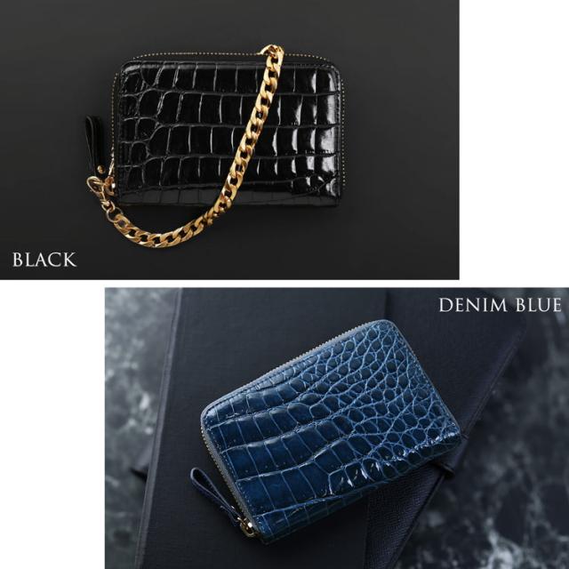 クロコダイル 折財布 ラウンドファスナー マゼンタピンク イエロー