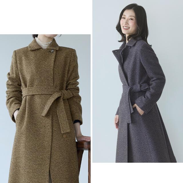 ステンカラーコート ウール混 レディース ロング アウター 秋 冬 ジャガード