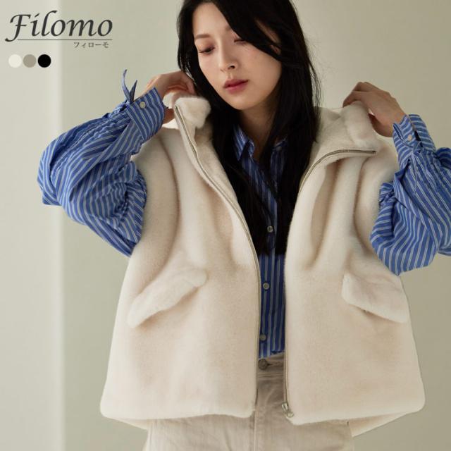 フェイクファーベスト ミンク調 ミンク風 フード付き ファーベスト エコファー