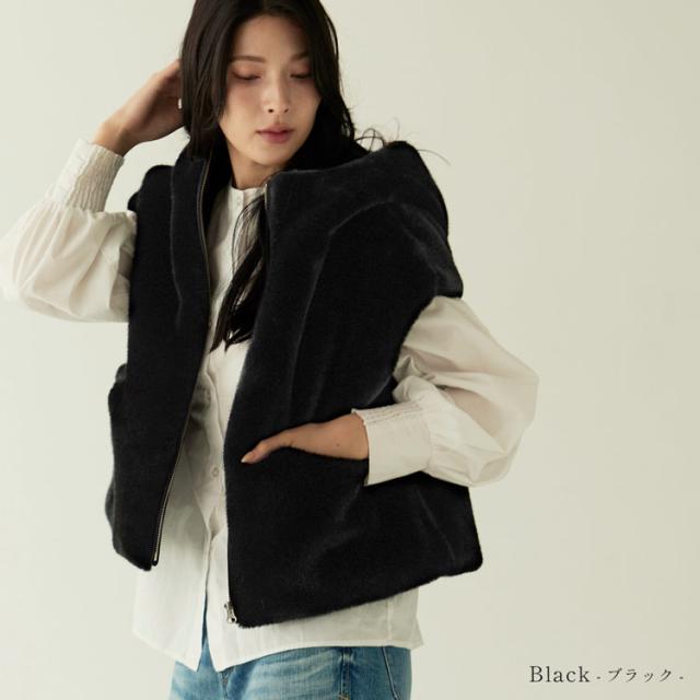 フェイクファーベスト ミンク調 ミンク風 フード付き ファーベスト エコファー ブラック