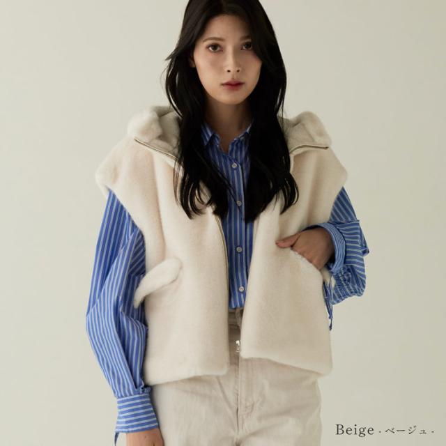 フェイクファーベスト ミンク調 ミンク風 フード付き ファーベスト エコファー ベージュ