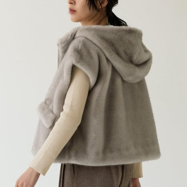 フェイクファーベスト ミンク調 ミンク風 フード付き ファーベスト エコファー