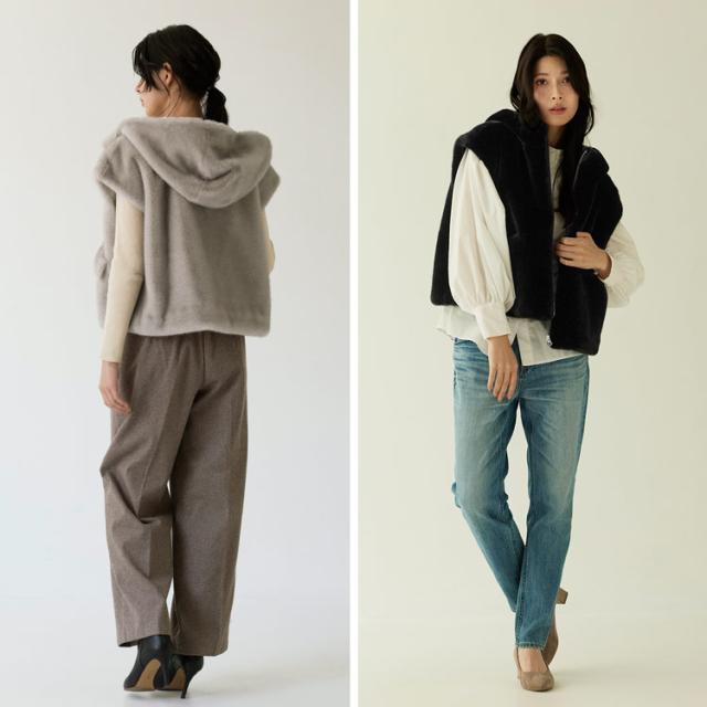 フェイクファーベスト ミンク調 ミンク風 フード付き ファーベスト エコファー