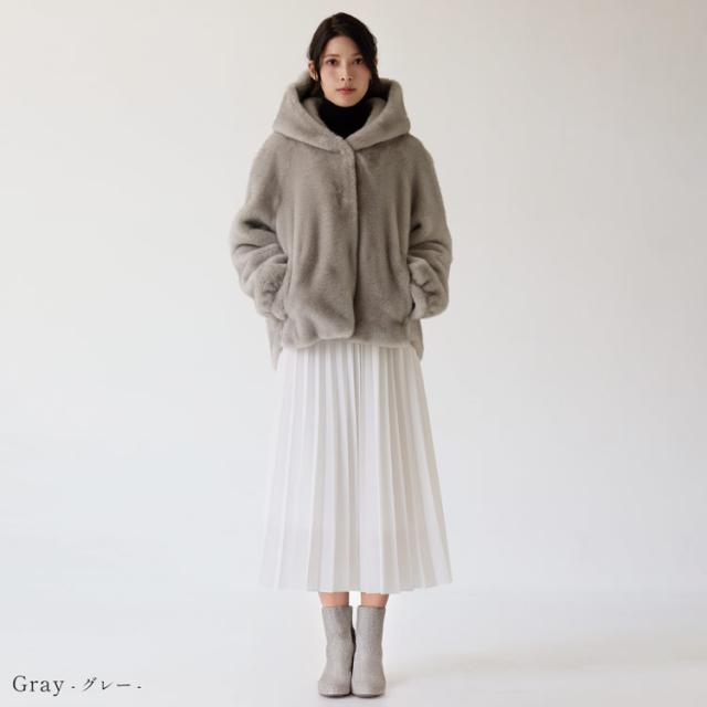 フェイクファージャケット ミンク調 ミンク風 フード付き ファージャケット エコファー グレー