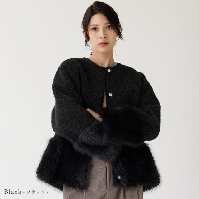 フェイクファージャケット ムートン調 ムートン風 ノーカラー ファージャケット エコファー ブラック
