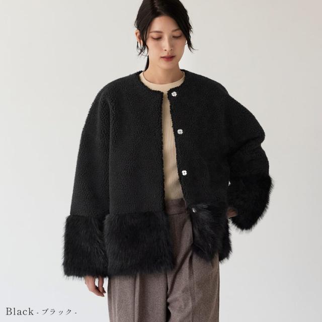 フェイクファージャケット ムートン調 ムートン風 ノーカラー ファージャケット エコファー ブラック