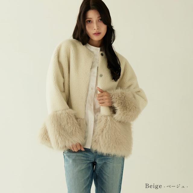フェイクファージャケット ムートン調 ムートン風 ノーカラー ファージャケット エコファー ベージュ