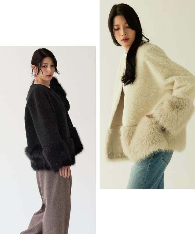 フェイクファージャケット ムートン調 ムートン風 ノーカラー ファージャケット エコファー