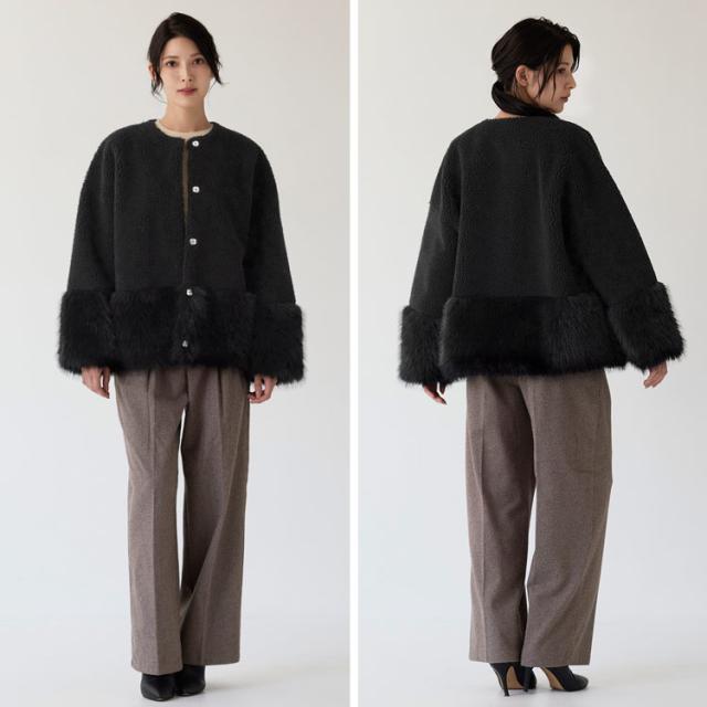 フェイクファージャケット ムートン調 ムートン風 ノーカラー ファージャケット エコファー