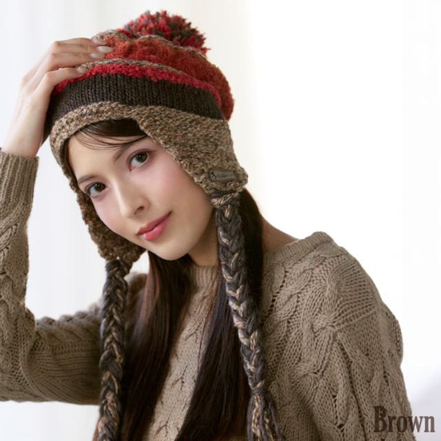 ニット帽 ポンポン 耳あて付き レディース イヤーフラップビーニー ブラウン系