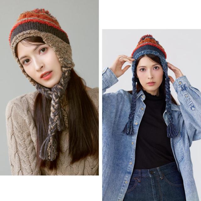 ニット帽 ポンポン 耳あて付き レディース イヤーフラップビーニー