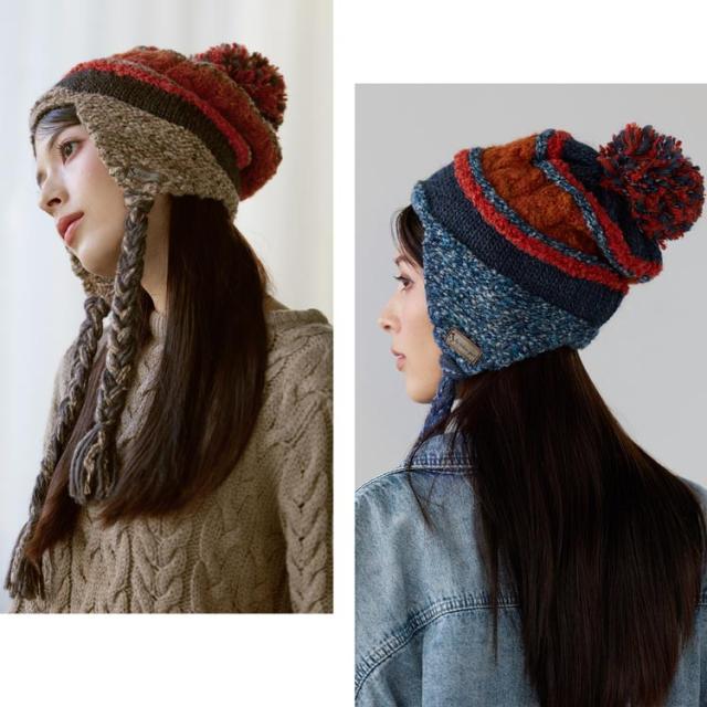 ニット帽 ポンポン 耳あて付き レディース イヤーフラップビーニー