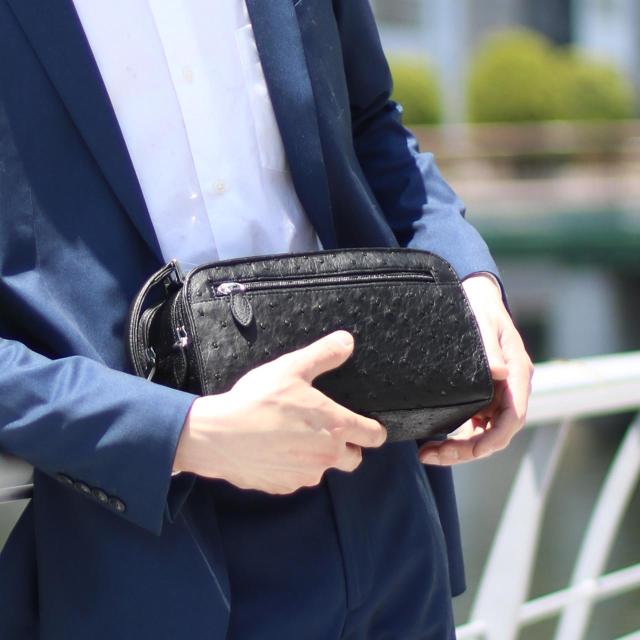 オーストリッチ Wファスナー メンズ セカンドバッグ