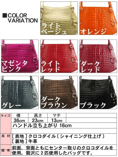 クロコダイルシャイニングハンドバッグセンター取りバック