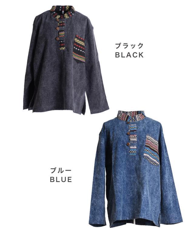 ゲリ織りバンドカラープルオーバーシャツ