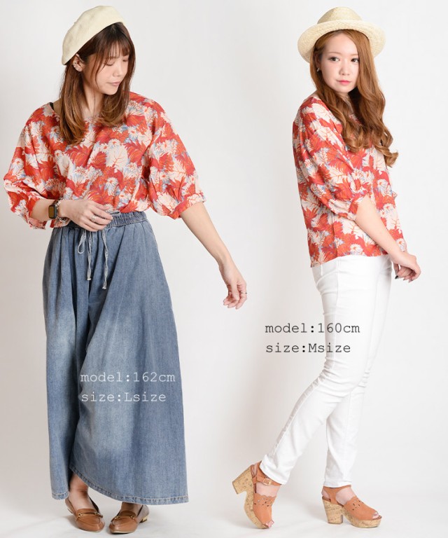 トロピカルな雰囲気の総ボタニカル柄パフスリーブブラウス