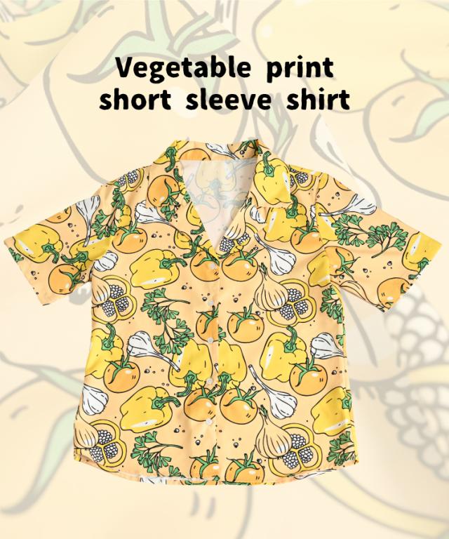 可愛い野菜イラスト溢れるColorfulベジタブル柄開襟半袖シャツ