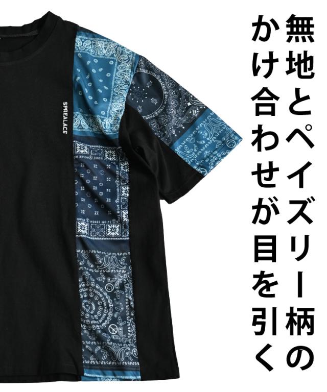 切り替えで目を引く。袖ペイズリー柄Tシャツ