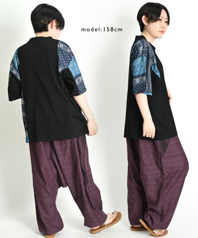 切り替えで目を引く。袖ペイズリー柄Tシャツ