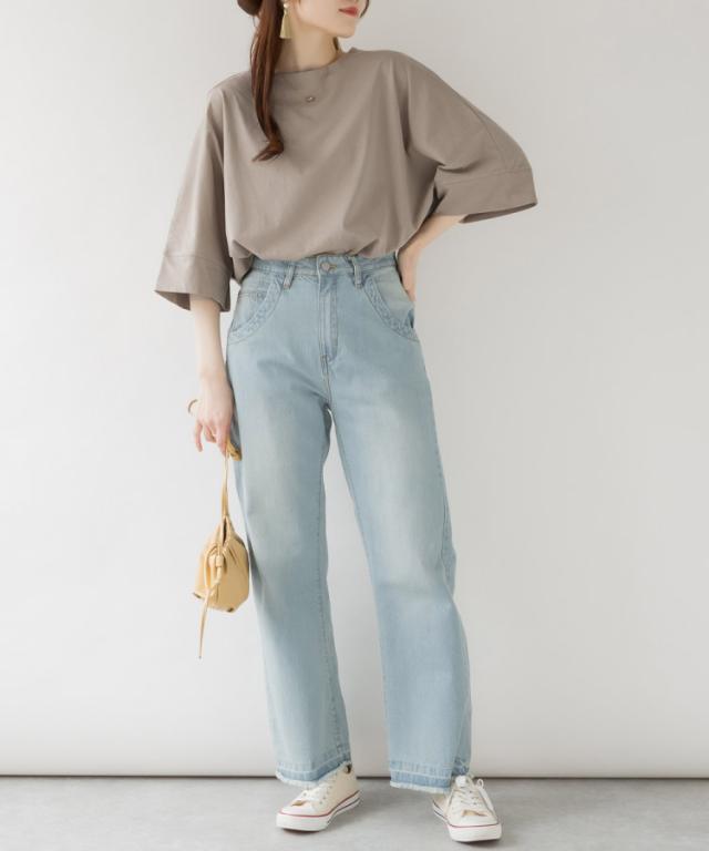 ボートネック七分袖ドルマンTシャツ