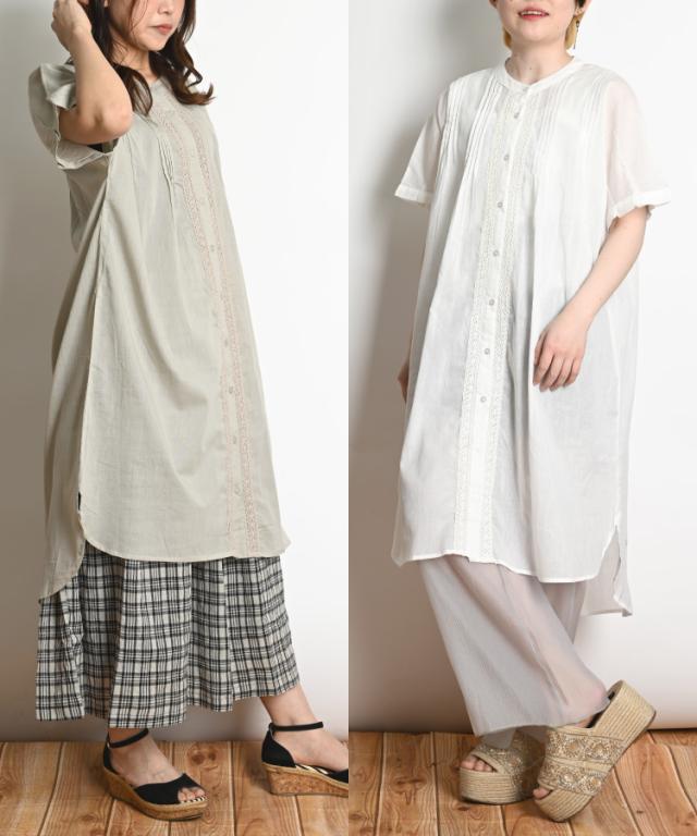 涼風まとう。レース付き半袖ロングシャツワンピース