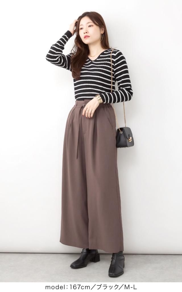 ボーダーVネックリブニット