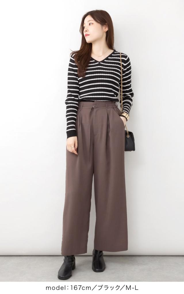 ボーダーVネックリブニット