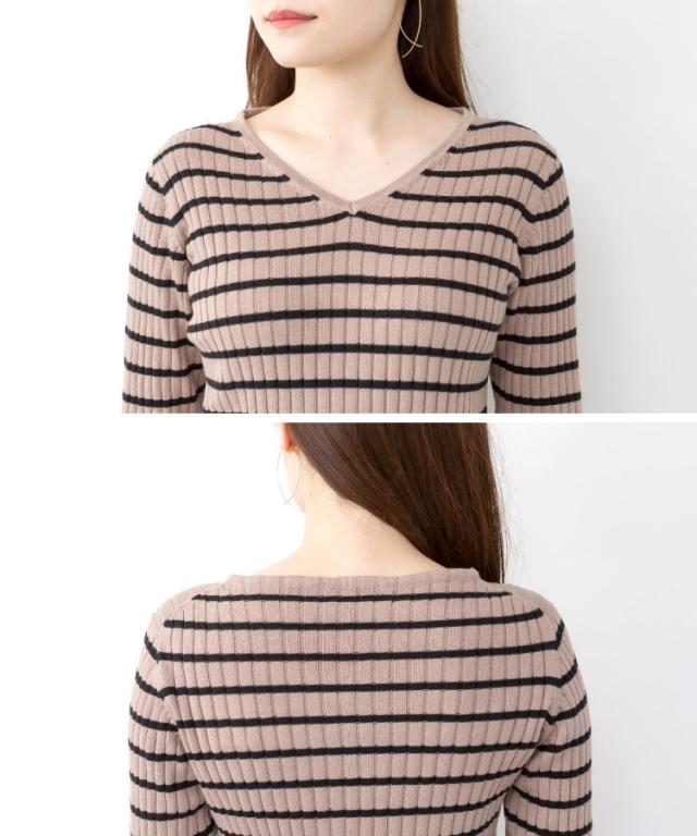 ボーダーVネックリブニット
