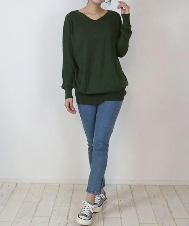 Vネックワイドリブ綿ニット