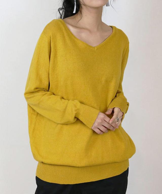 Vネックワイドリブ綿ニット