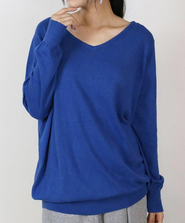 Vネックワイドリブ綿ニット