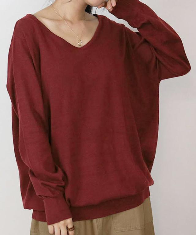 Vネックワイドリブ綿ニット