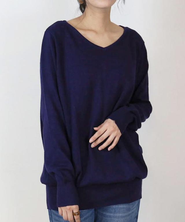 Vネックワイドリブ綿ニット