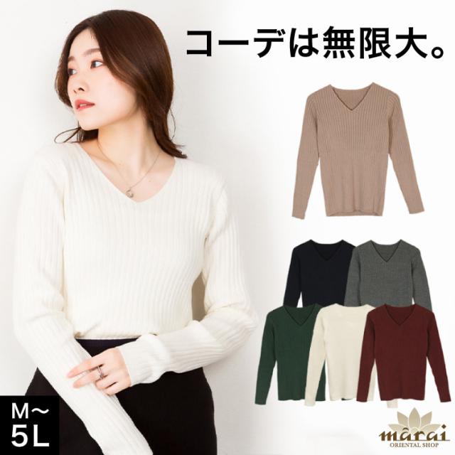 Vネックリブニット