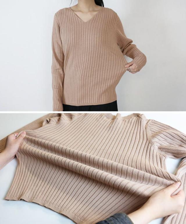 Vネックリブニット