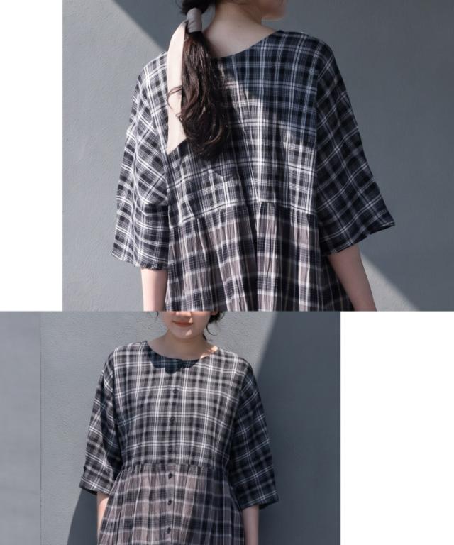 涼感マジック。先染めチェック前後2WAYブラウス