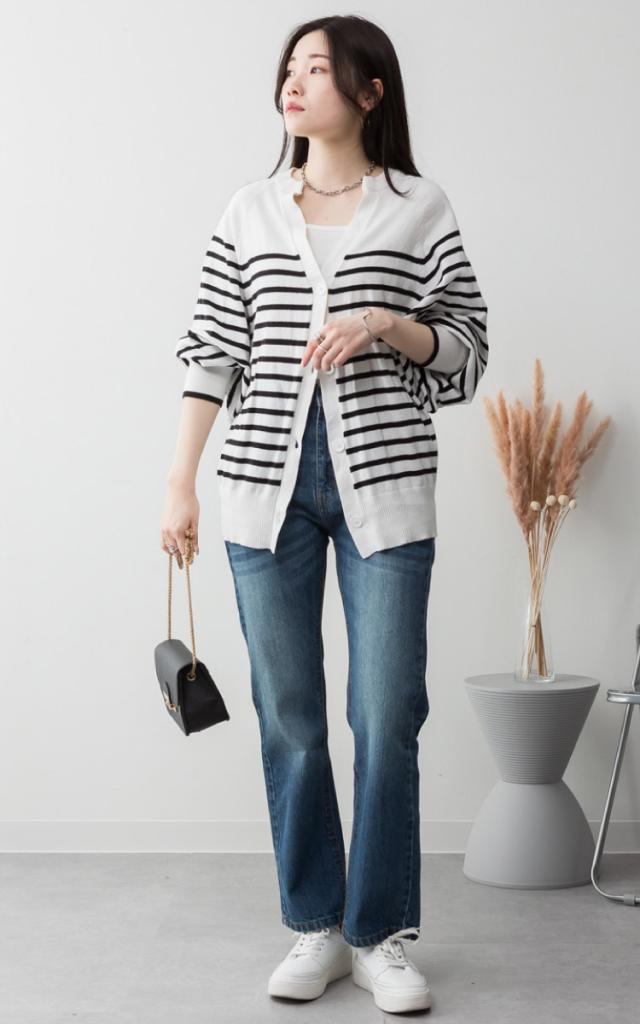 ボーダーキーネックドルマンカーディガン