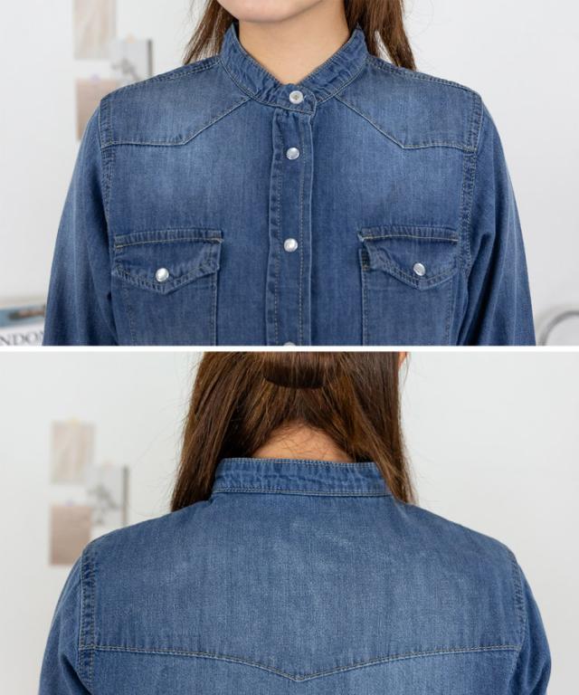 ノーカラーウエスタンデニムシャツ