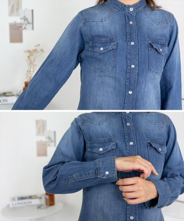 ノーカラーウエスタンデニムシャツ