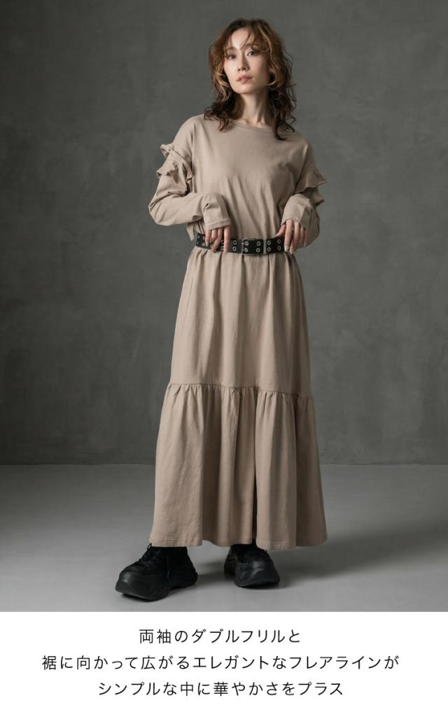 ダブルフリル長袖ワンピース