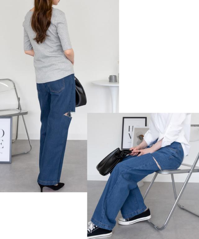 今見え。デニムダメージストレートパンツ