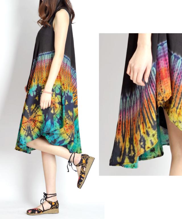 さらりひらり。レーヨンタイダイ染ノースリーブチュニックワンピース