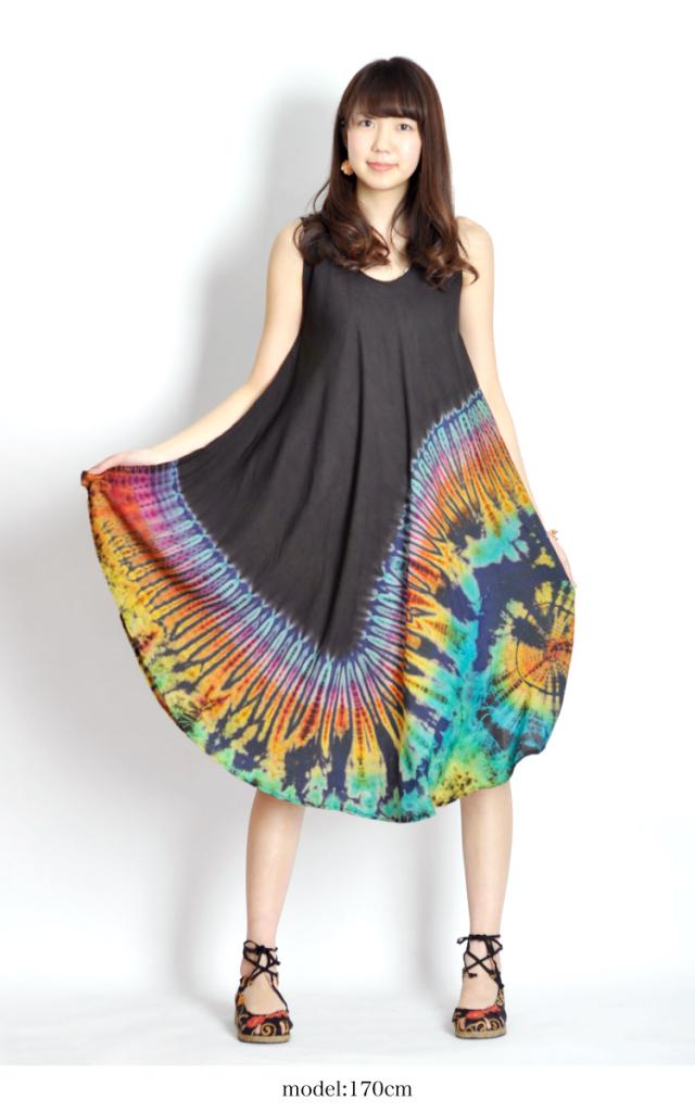 さらりひらり。レーヨンタイダイ染ノースリーブチュニックワンピース