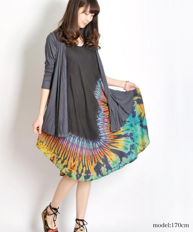 さらりひらり。レーヨンタイダイ染ノースリーブチュニックワンピース