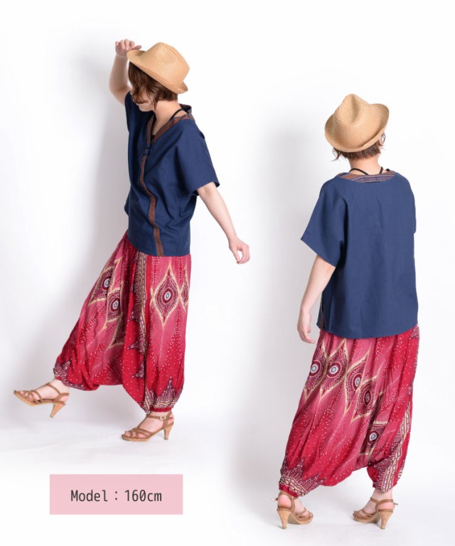 エスニックプリントで個性的!ゆったりサルエルパンツ