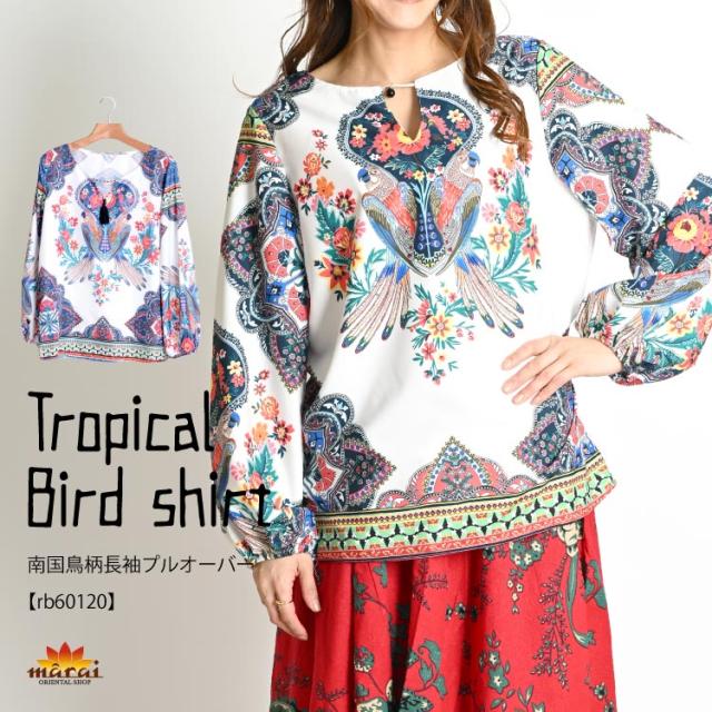 エスニックな雰囲気溢れる。南国鳥柄長袖プルオーバー