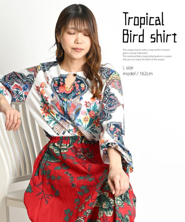 エスニックな雰囲気溢れる。南国鳥柄長袖プルオーバー