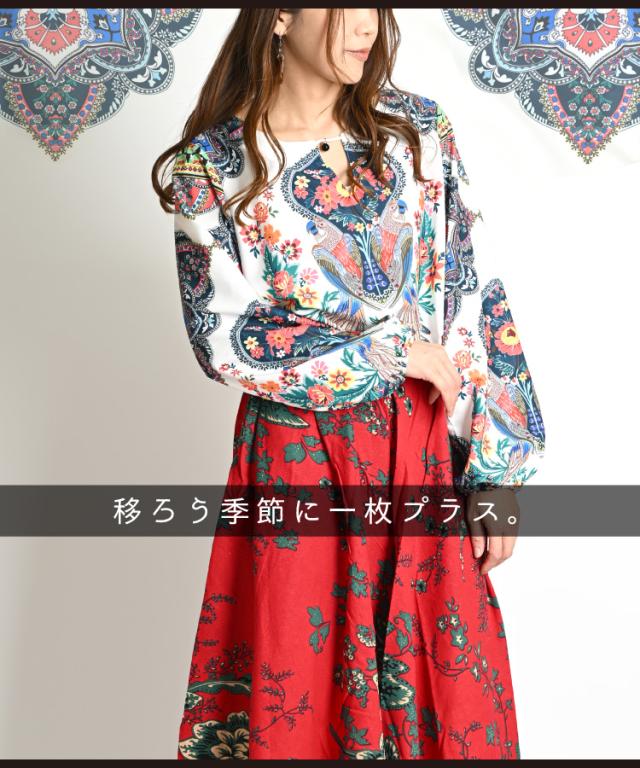 エスニックな雰囲気溢れる。南国鳥柄長袖プルオーバー