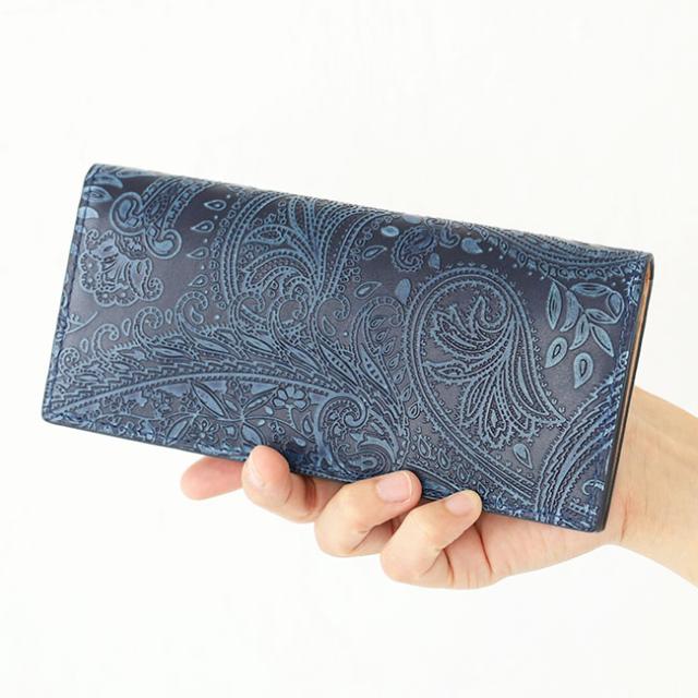 バギーポート 藍染め ペイズリー型押し かぶせ長財布 zys190